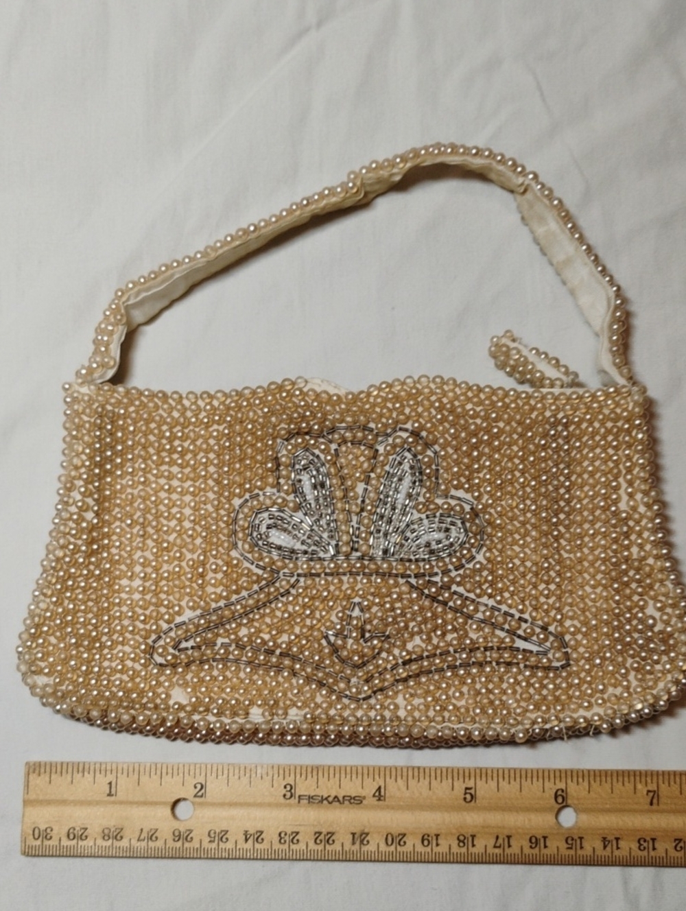 Beaded Pearl Embellished Evening Clutch - Cream Vintage Strap Zipper